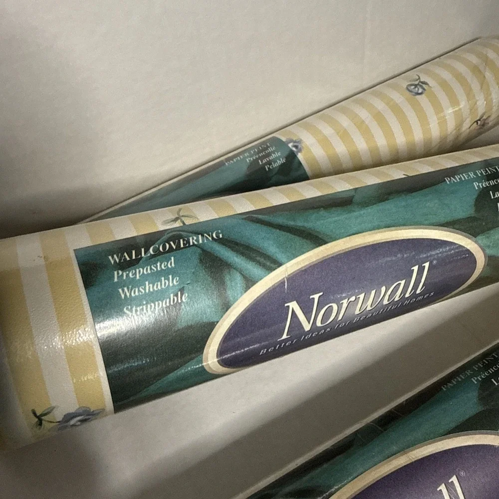 VTG Rolls Vintage Norwall Wallpaper Country Cottage Pastel Yellow Stripe Floral